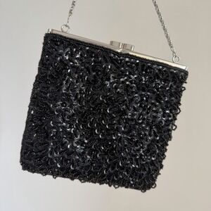 La Regale Ltd Black Beaded Clutch Evening‎ Bag Vintage Chain Strap